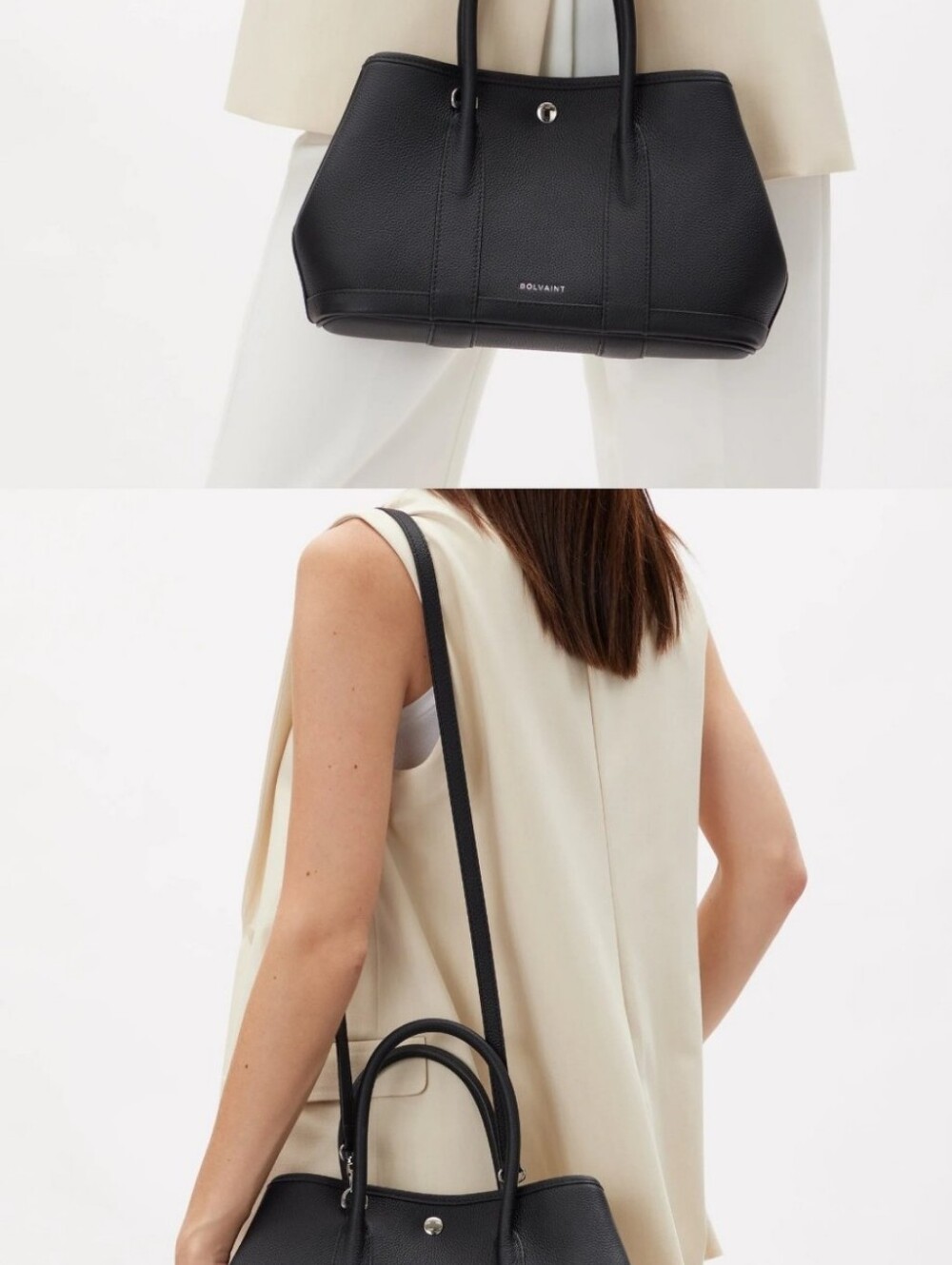Black Leather Tote Bag - Structured Everyday Handbag